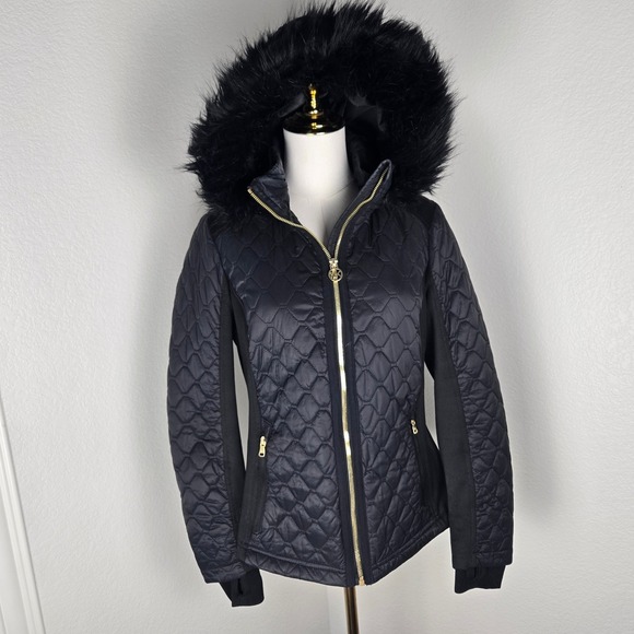 Michael Kors Jackets & Blazers - Michael Kors Women Black Quilted Puffer Jacket Hooded Faux Fur Trim Gold Logo M